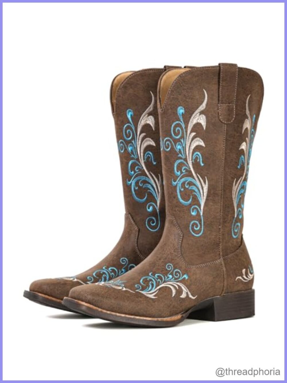 Faux Leather Cowboy Boots Mid Calf Square Toe Cushioned Western